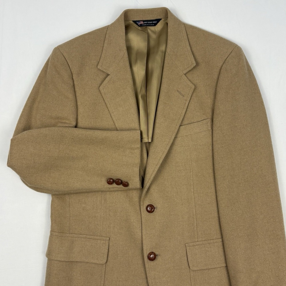 VTG John Alexander Herringbone Wool Sport Coat 38R w/Patch Pockets Camel USA
